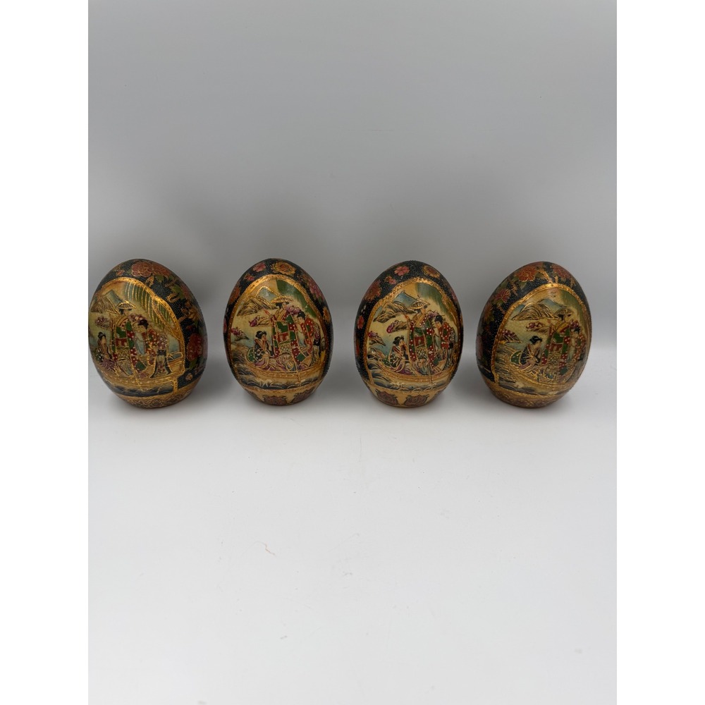 Vintage Satsuma Style Porcelain Eggs Set of 4 Moriage Gold Floral Decor 4.5"
